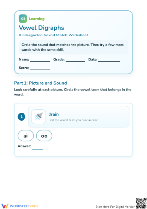 Vowel Digraphs Printable Worksheet | Kindergarten & Grade 1