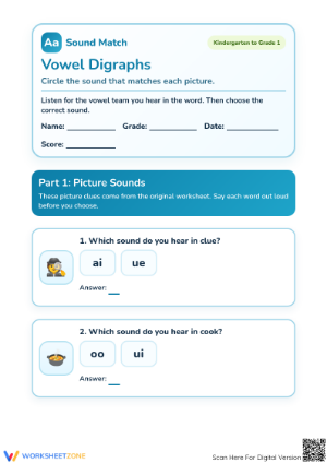 Printable Vowel Digraphs Worksheet | Grade 1 Phonics