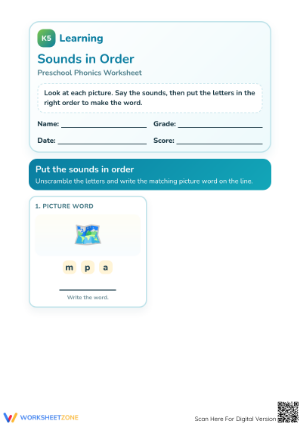 Preschool Sounds in Order Worksheet — Printable No-Prep ELA