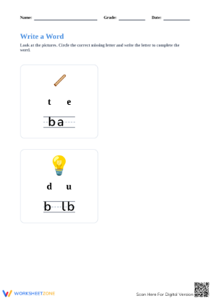 Write a Word 5 Phonics Worksheet | Grade K-1 Essential