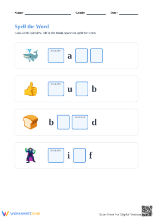 Printable Digraphs Spelling Worksheet | Grade 1