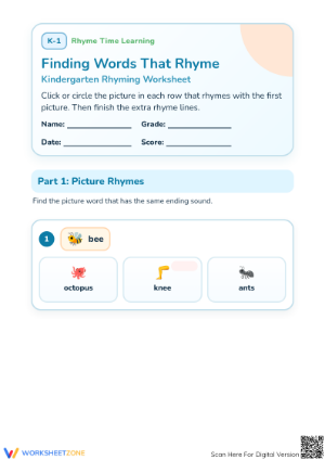 Finding Rhyming Words Worksheet | Essential Grade K-1 ELA