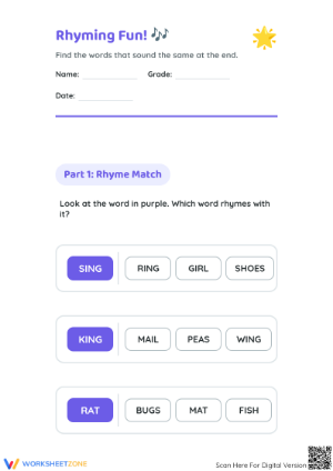 Grade K-1 Rhyming Words — Printable No-Prep Worksheet