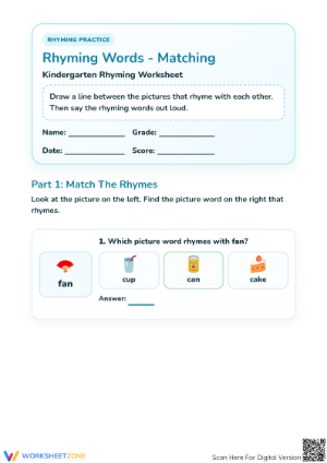 Printable Rhyming Words Matching Worksheet | K Grade