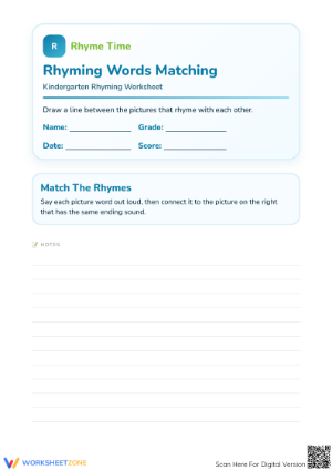 Printable Rhyming Words Matching Worksheet | Grade K ELA