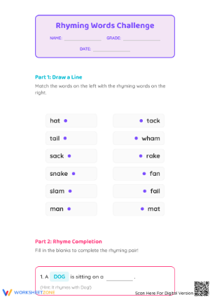 Rhyming Words Matching Worksheet | Grade K Essential