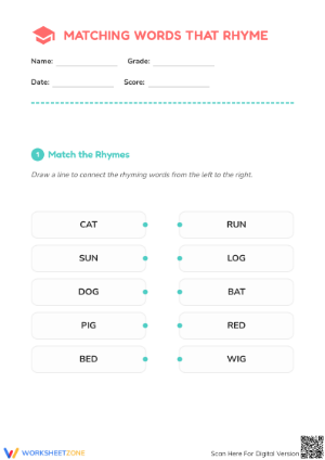 Essential Rhyming Words Matching Worksheet | Grade K-1