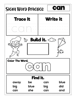 Kindergarten Sight Word Can — Printable No-Prep Worksheet
