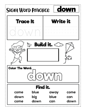 Printable Sight Word Down Worksheet | Grade K ELA
