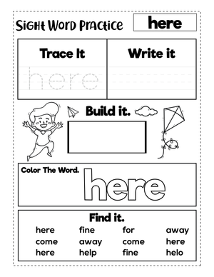 Kindergarten Sight Word Here — Printable No-Prep Worksheet