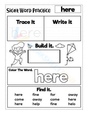 Kindergarten Sight Word Here — Printable No-Prep Worksheet