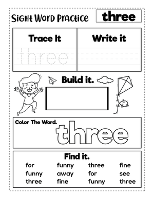 Printable Sight Word Three Worksheet | Grade K Ready
