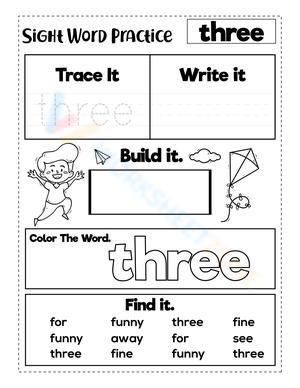 Printable Sight Word Three Worksheet | Grade K Ready