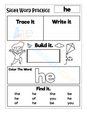 Sight Word "he" Worksheet | Grade K-1 Essential