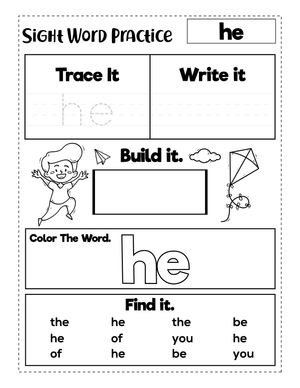 Sight Word "he" Worksheet | Grade K-1 Essential