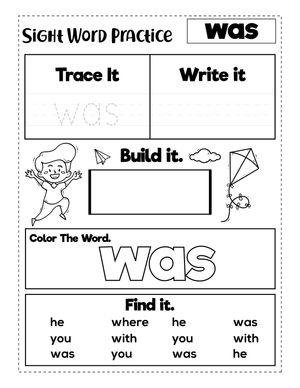 Grade K Sight Word "Was" — Printable No-Prep Worksheet
