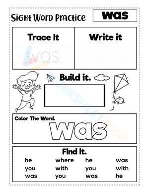 Grade K Sight Word "Was" — Printable No-Prep Worksheet