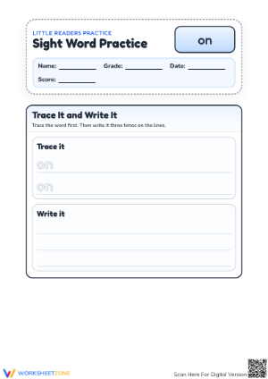 Essential Sight Word "on" Practice | Grade K-1 Printable