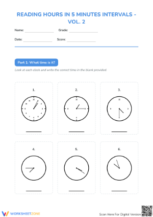 Printable 5-Minute Intervals Time Worksheet | Grade 2-4 Math