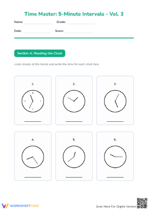Essential Time Master Worksheet | 5-Minute Intervals Grade 3