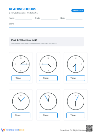 Printable Reading Time in 5-Minute Intervals | Grade 2-4