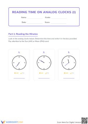 Reading Time to 5 Minutes Worksheet | Grade 2 Printable