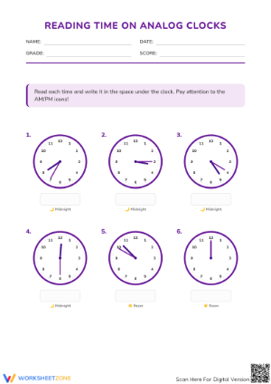 Printable Telling Time to 5 Minutes Worksheet | Grade 2-4