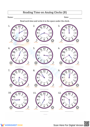 Reading Time on Analog Clocks Worksheet