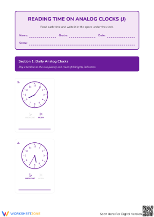 Printable Telling Time Worksheet: 1-Minute Intervals Grade 3
