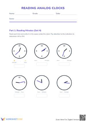 Printable Telling Time Worksheet | 1-Minute Analog Clocks