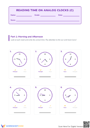 Reading Clocks 1-Minute Intervals | Printable Grade 3 Math