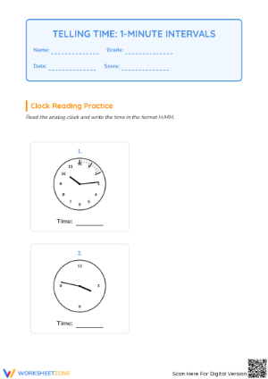 Grade 3 Telling Time — Printable No-Prep Worksheet
