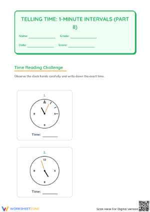 Printable Telling Time Worksheet: 1-Minute Intervals