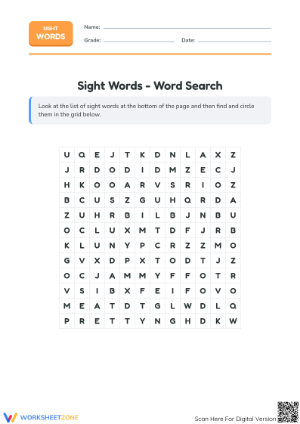 Sight Words Word Search Worksheet | Grade K-1 Essential