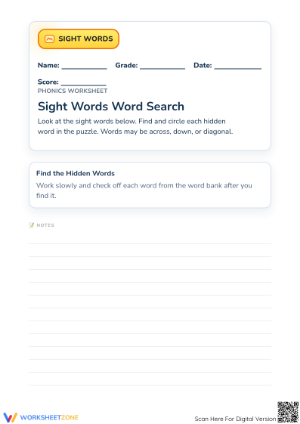 Printable Sight Words Word Search | Grade 1 Essential