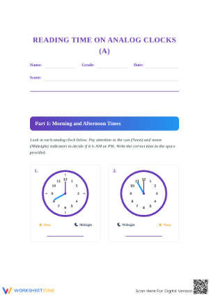 Printable Reading Analog Clocks Worksheet | Grade 2-4 Math