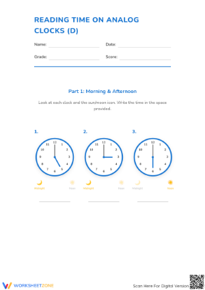 Printable Telling Time Worksheet: Reading Hours — Grade 2-4