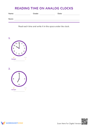 Printable Telling Time Worksheet: 1-Hour Intervals Grade 2-4