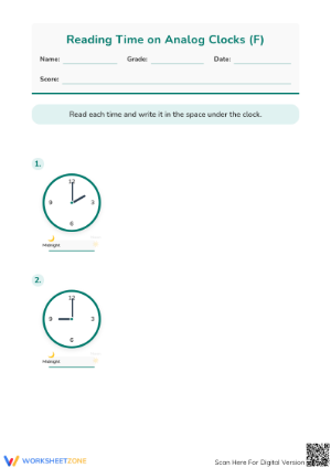 Grade 2-4 Clock Reading — Printable No-Prep Worksheet