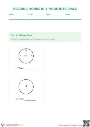Printable Telling Time to the Hour Worksheet | Grade 2-4
