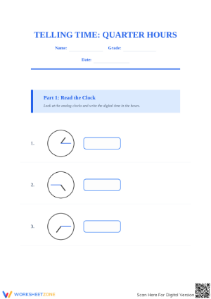 Essential Telling Time Quarter Hours Worksheet | Grade 2-4
