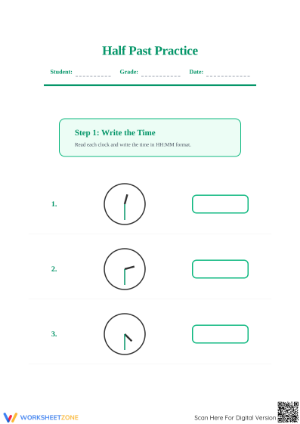 Printable Telling Time to the Half-Hour | Grade 2 Math