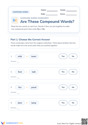 Grade 1 Compound Words — Printable No-Prep Worksheet