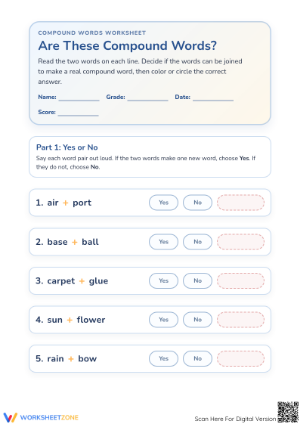 Grade 1 Compound Words — Printable No-Prep Worksheet