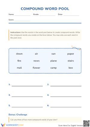 Printable Compound Word Pool Worksheet | Grade 1 ELA
