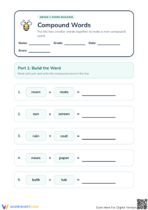 Printable Grade 1 Compound Words Worksheet | Ready to Use