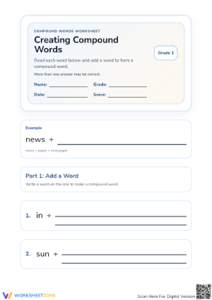 Grade 1 Compound Words — Printable No-Prep Worksheet