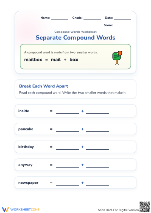 Printable Separate Compound Words Worksheet | Grade 1 ELA