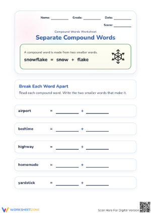 Essential Grade 1 Compound Words Worksheet | Printable