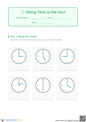 Printable Telling Time to the Hour Worksheet | Grade 2 Math